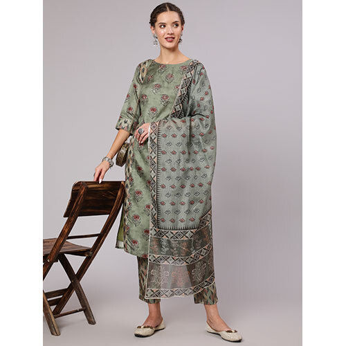 Women Green Tussar Silk Embellished Kurta With Trouser And Kota Doria Dupatta