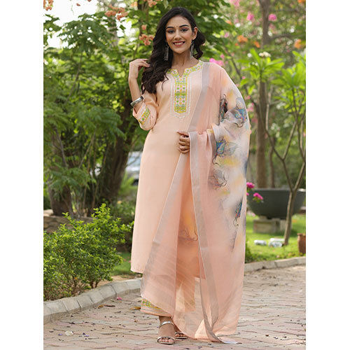 Women Peach Embroidered Rayon Kurta With Palazzo And Linen Dupatta