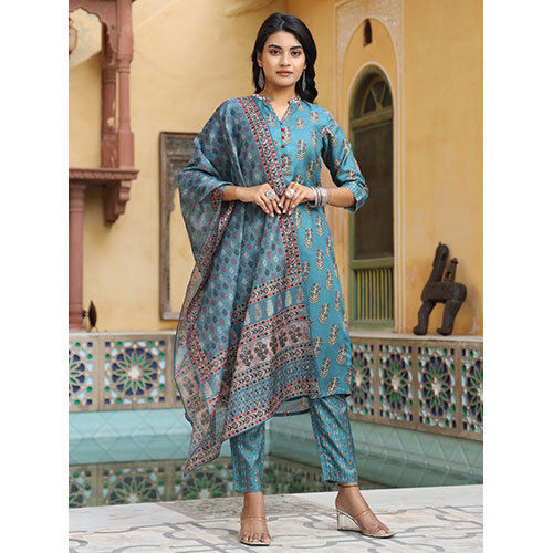 Women Sea Green A-Line Silk Blend Digital Printed Kurta With Pants And Dupatta