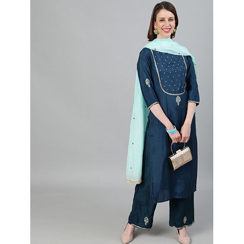 Teal Straight Embroidery Kurta With Palazzo And Dupatta