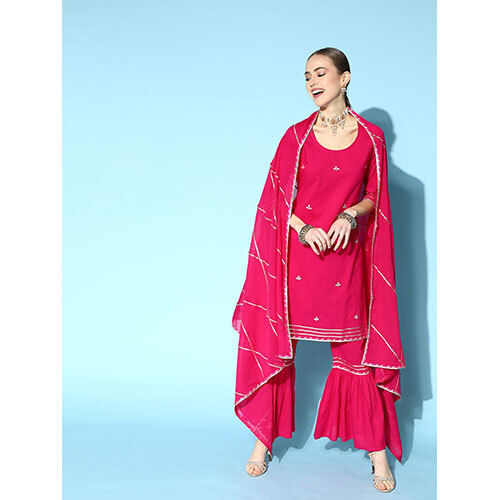 Pink Embroidered Kurta With Sharara And Dupatta