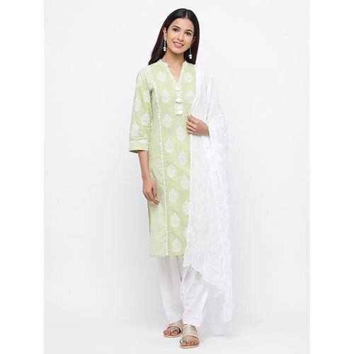 Green & White Printed Kurta With Salwar & Dupatta