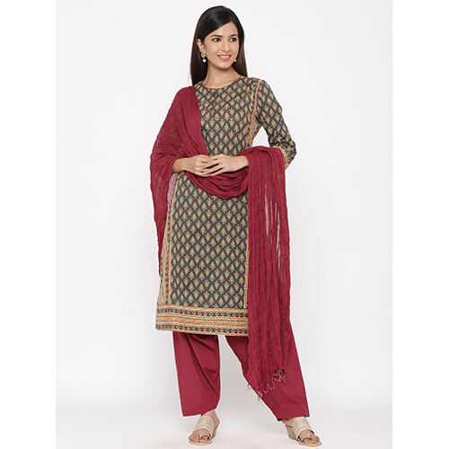 Charcoal Grey & Maroon Printed Kurta With Salwar & Dupatta