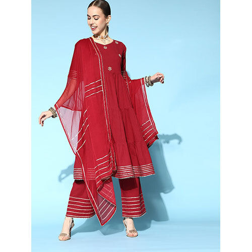 Maroon Embroired Kurta With Palazzo And Dupatta