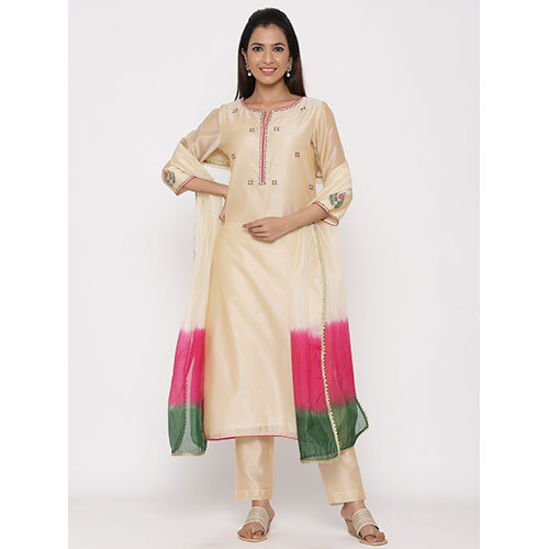 Cream Embrodiered Straight Chanderi Silk Kurta With Pant And Dupatta