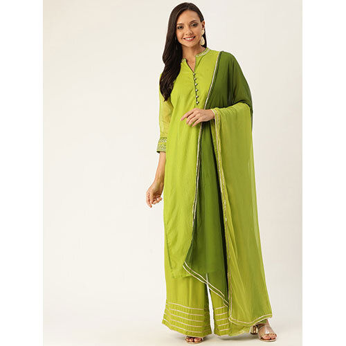 Green Woven Design Straight Silk Blend Kurta With Palazzo And Dupatta