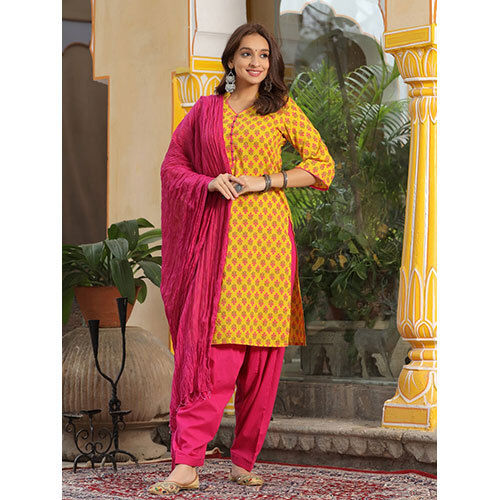 Yellow Ethnic Motif Straight Cotton Kurta With Salwar And Dupatta