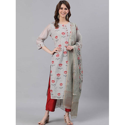 Light Blue Floral Print Chanderi Silk Kurta With Pants & Dupatta