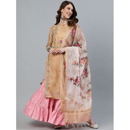 Amaiva Yellow Ethnic Print Chanderi Kurta Set - Chanderi Fabric, Full Length, High Collar Neck, Festive Ethnic Print