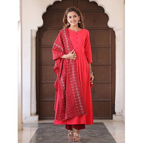 Coral Solid Thread Work Kurta With Palazzos & Dupatta