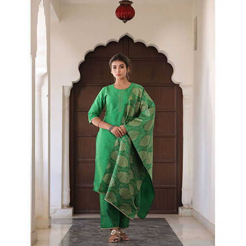 Green Solid Straight Kurta With Gotta Work On Palazzo & Printed Dupatta