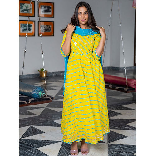 A-Line Yellow Kurti With Pant & Dupatta Set