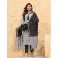 Women Grey And Black Self Weave Kurta With Pants And Chanderi Dupatta
