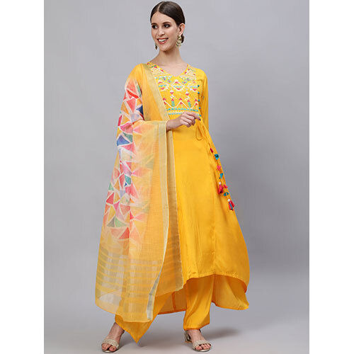 A Asymmetric Solid Embroidered Kurta With Palazzo And Dupatta