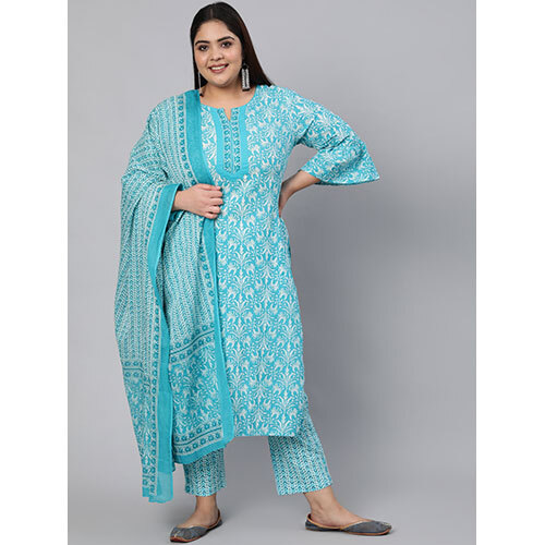 Turquoise Blue & White Printed Kurta With Trousers & Dupatta - Cotton, Free Size, Floral Print, Round Neck, Long Sleeves