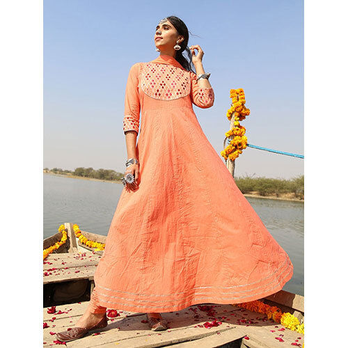 Peach Solid Anarkali Cotton Kurta With Churidar & Dupatta