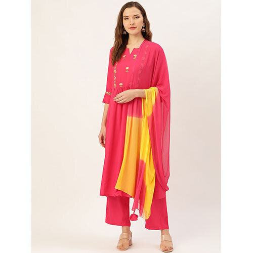 Pink Embroidered Straight Kurta With Palazzo & Dupatta