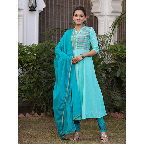 Aqua Solid Anarkali Cotton Kurta With Churidar Salwar And Dupatta