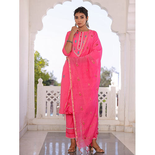 Pink Embroidered Straight Kurta With Palazzo Dupatta