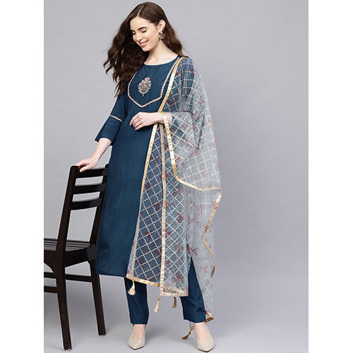 Teal & Light Blue Embroidered Kurta With Pants & Net Dupatta