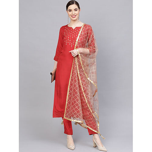 Red & Brown Embroidered Straight Viscose Musline Kurta With Pants & Dupatta