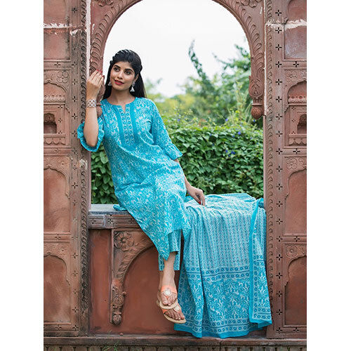 Turquoise Blue Ethnic Motifs Straight Cotton Kurta With Pants & Dupatta