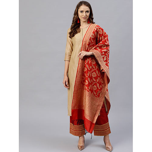 Beige And Red Solid Straight Chanderi Kurta With Palazzo And Dupatta