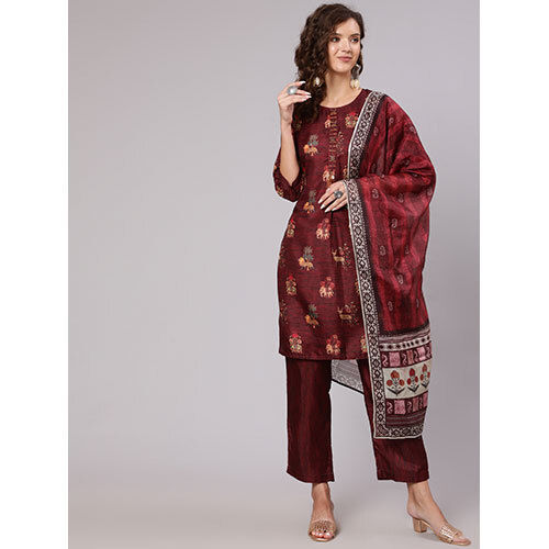 Women Maroon Tussar Silk Printed Kantha Work Kurta With Palazzo And Kota Doria Dupatta