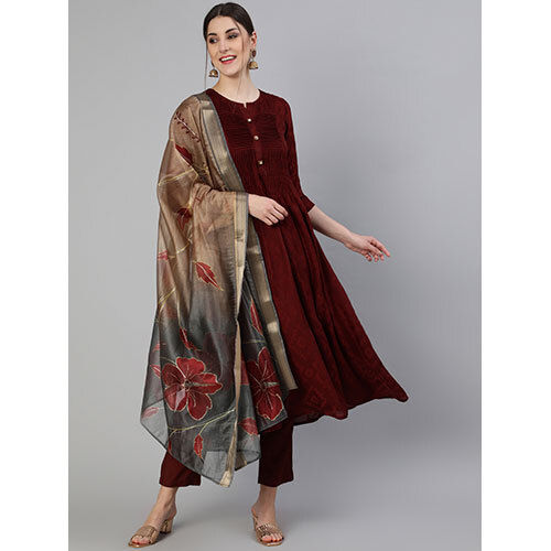 Brown Silk Pleated Straight Kurta With Pants And Dupatta