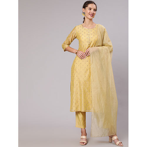 Gold Print Embellished Chanderi Kurta With Trousers And Kota Tissue Dupatta