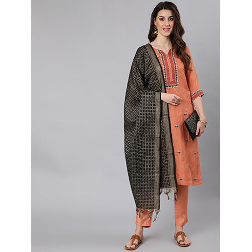 Camel Brown Silk Kurta With Pants And Brocade Dupatta