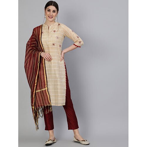 Checks Mirror Embroidery Beige Chanderi Kurta With Pants And Dupatta