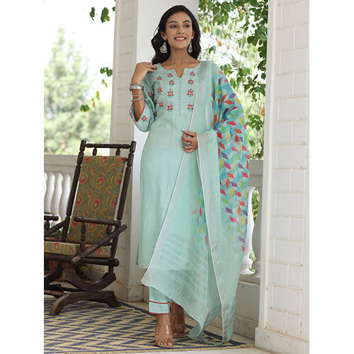 Aqua Blue Embroidered Kurta With Palazzo And Linen Printed Dupatta