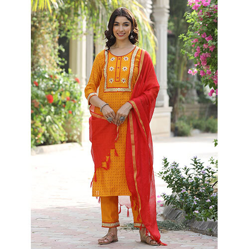 Women Mustard Self Weave Silk Blend Kurta With Pants And Dupatta - Silk Blend, Knee-Length, Mustard Red | Lightweight, Embroidered, Three-Quarter Sleeves