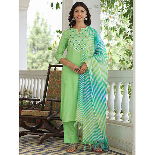 Women Lime Green Embroidered Rayon Kurta With Palazzo And Kota Tissue Dupatta