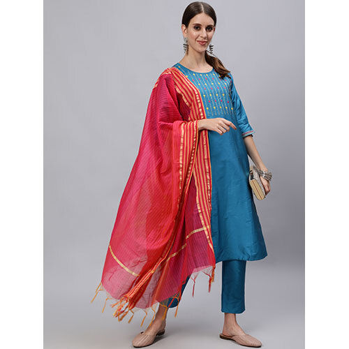 A Straight Solid Turquoise Silk Blend Kurta With Pants And Chanderi Dupatta