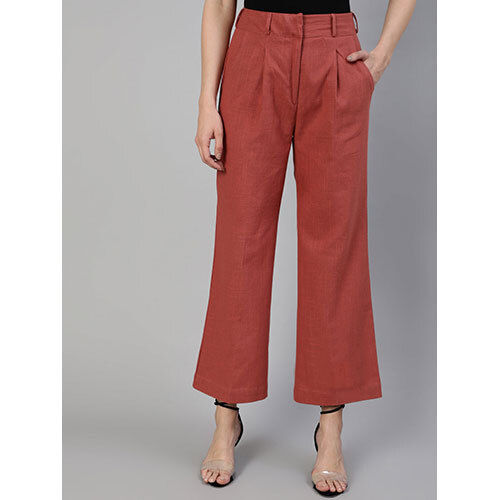 Brick Red Cotton Slub Flared High Rise Parallel Pants