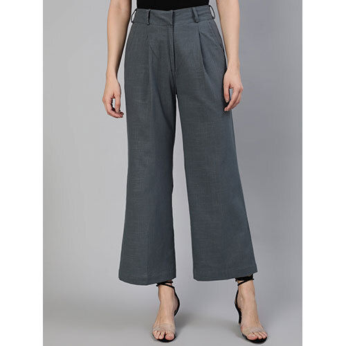 Charcoal Grey Cotton Slub Flared High Rise Parallel Pants