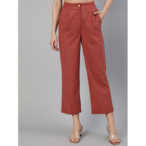 Brick Red Cotton Slub Straight High Rise Bottom Fold Pants