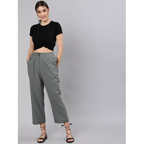 Women Grey Cotton Slub Straight High Rise BottomFold Pants