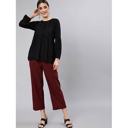 Women Burgundy Cotton Slub Straight High Rise BottomFold Pants