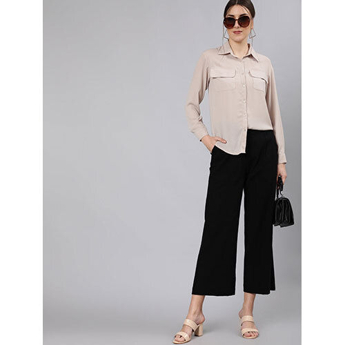 Women Black Cotton Slub Flared High Rise Parallel Pants