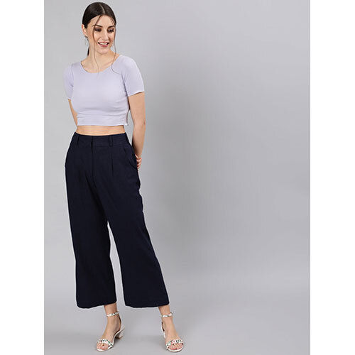 Women Navy Blue Cotton Slub Flared High Rise Parallel Pants