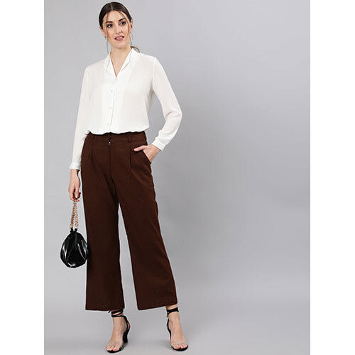 Women Brown Cotton Slub Flared High Rise Parallel Pants