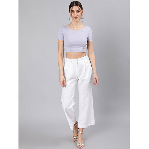 Women White Cotton Slub Flared High Rise Parallel Pants