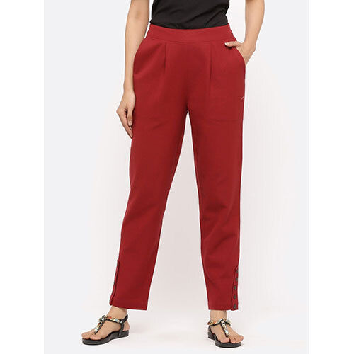 Maroon Solid Cotton Slub Pants