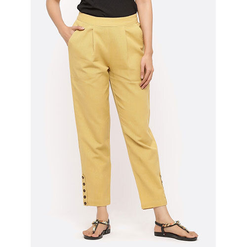 Beige Solid Cotton Slub Pants