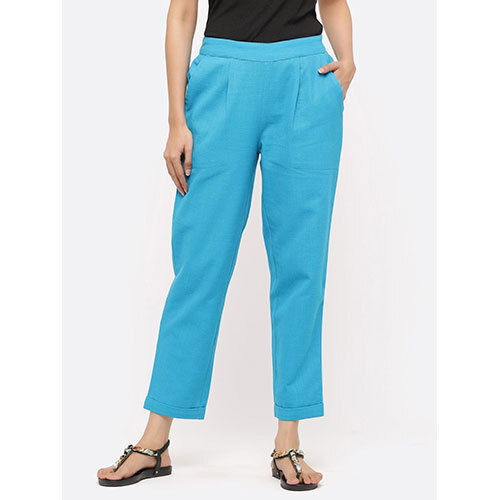 Turquoise Solid Cotton Slub Pants