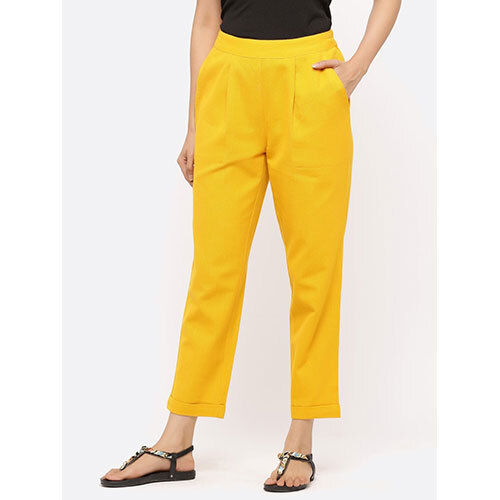 Mustard Solid Cotton Slub Pants