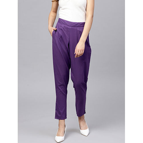 Purple Solid Straight Cotton Cambric Pants